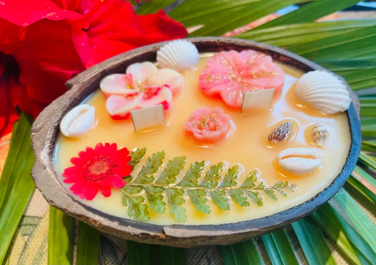 mango candle in a coconut shell